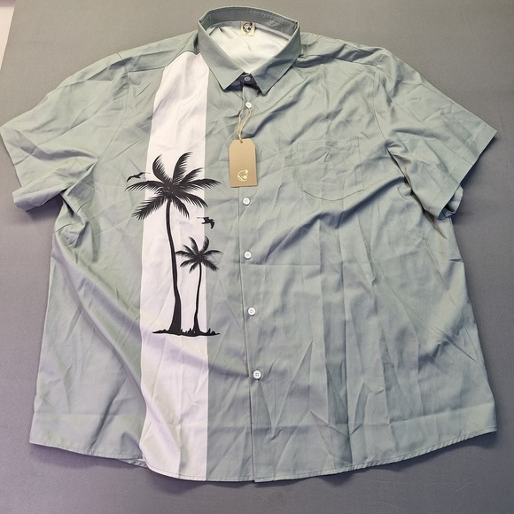 Other - Mens 4XL Tropical Palm Tree Button Down Shirt‎ Grey White Short Sleeve beach